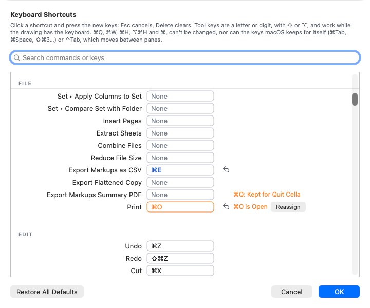 Changing shortcuts: a changed key in blue with its ↺, and a conflict offering Reassign