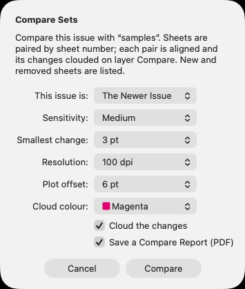 Compare Sets: this issue against the previous one, with Sensitivity, Resolution, Plot offset and the Compare Report