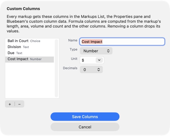 Custom Columns: the review set's four columns, Cost Impact a Number in dollars
