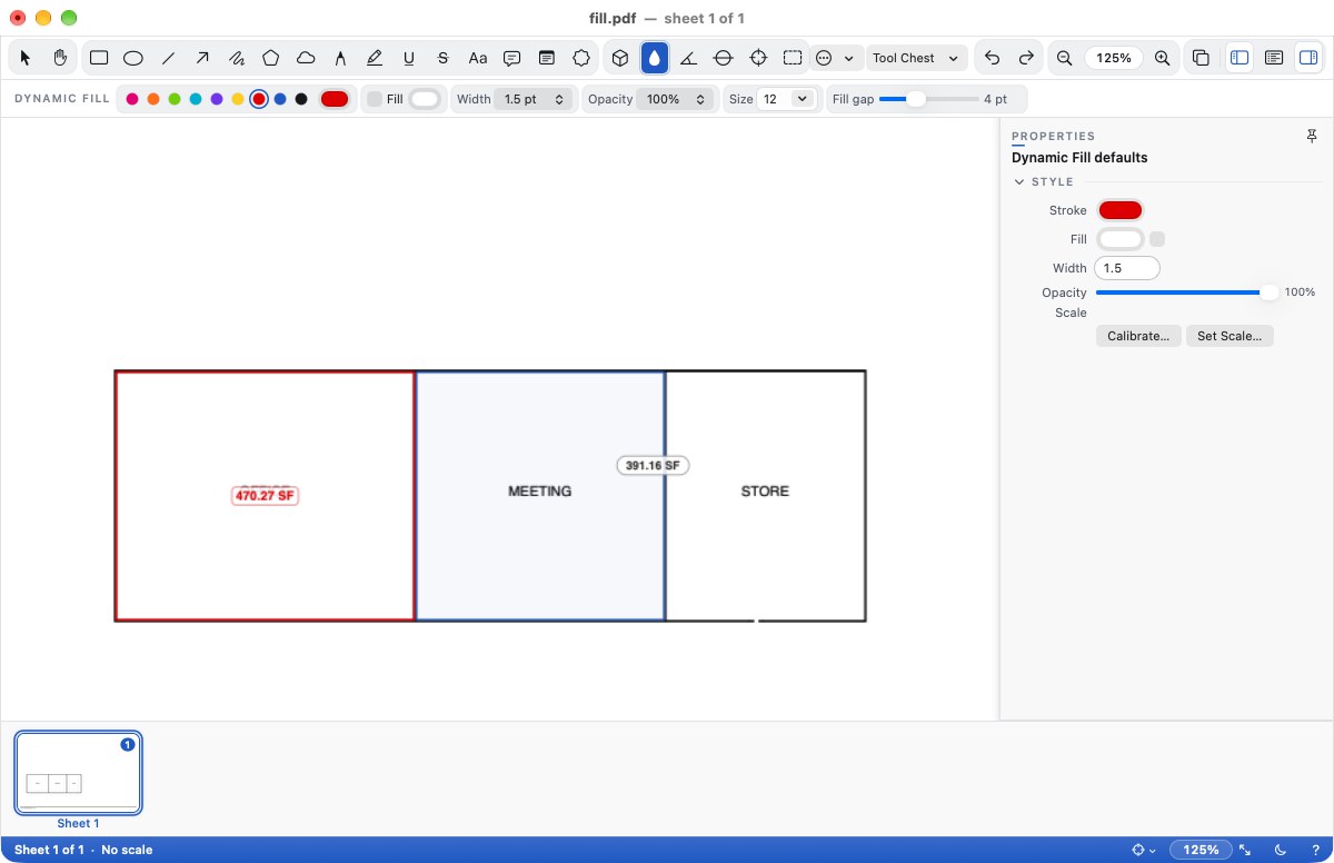 Dynamic Fill: the first room is a measured Area, the second is tinted under the pointer with its area in a pill, and Fill gap is in the options row