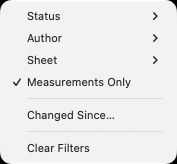 The Filter pull-down of the Markups List, with Measurements Only ticked and Clear Filters ready