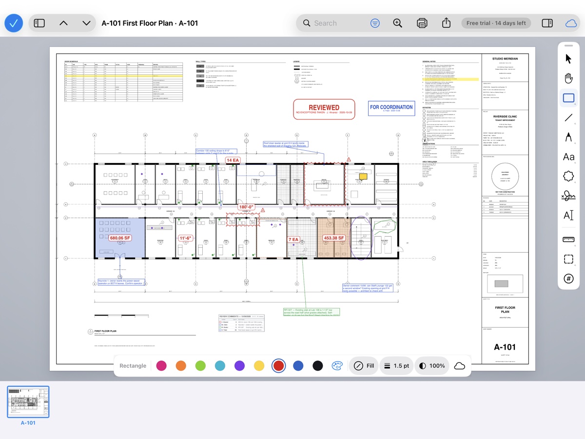 Cella on a 13-inch iPad: the sample drawing with its markups, the tool palette floating at the right edge and the options bar for the Rectangle tool
