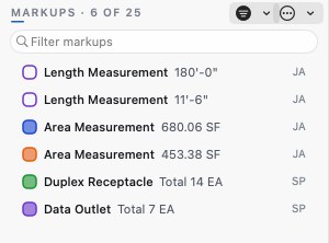 The Markups List with a filter on: the caption reads "6 of 25" and the Filter button is filled