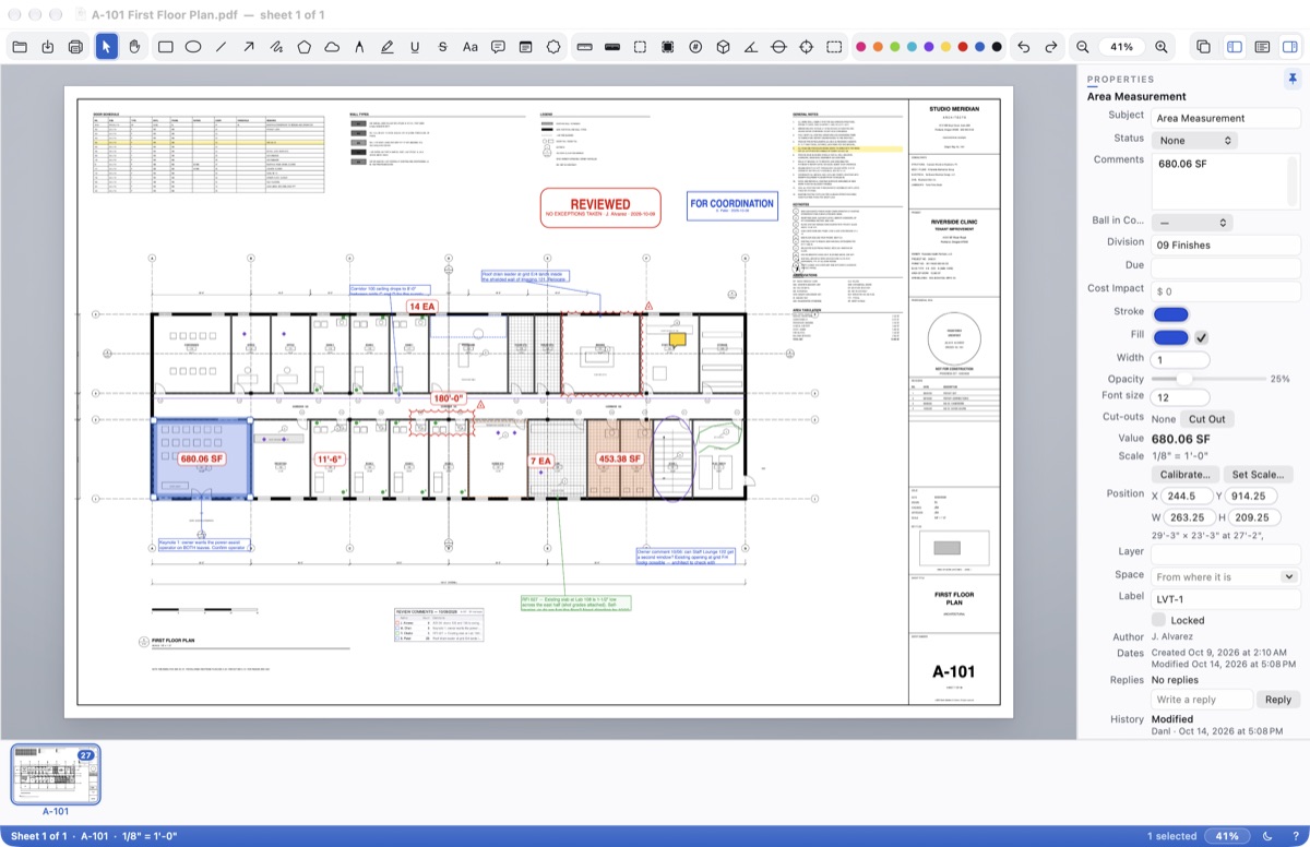 An area selected: its value, Cut-outs and Position in Properties