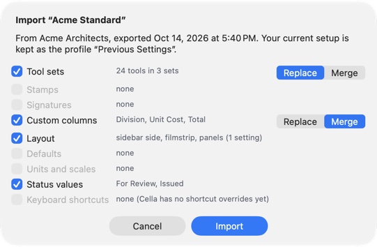 Importing a profile: choose what to take, and Replace or Merge