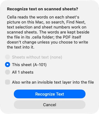 Recognize Text (OCR): this sheet, all sheets or the sheets without text, and the invisible text layer