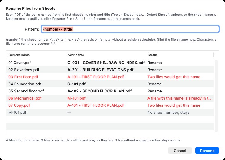 Rename Files from Sheets: the pattern, each file's current and new name, and the files in red that would collide