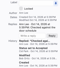 A reply and the markup's history in Properties