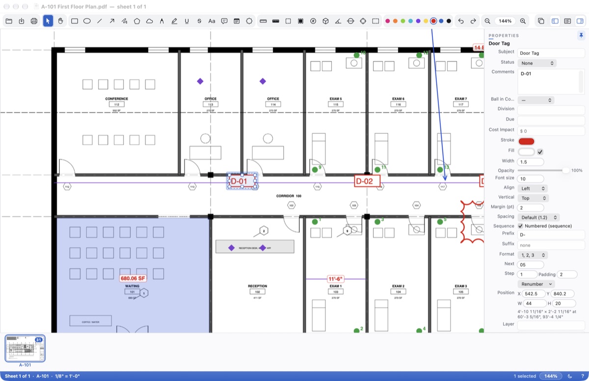 Door tags placed as a sequence; Properties shows the sequence