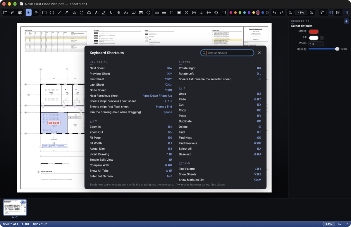 The shortcuts list in dark mode