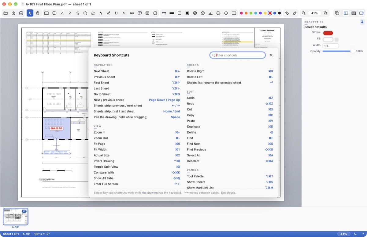 Help ▸ Keyboard Shortcuts over the drawing