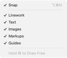 The Snap pull-down in the status band: Snap, and a checkbox for each kind
