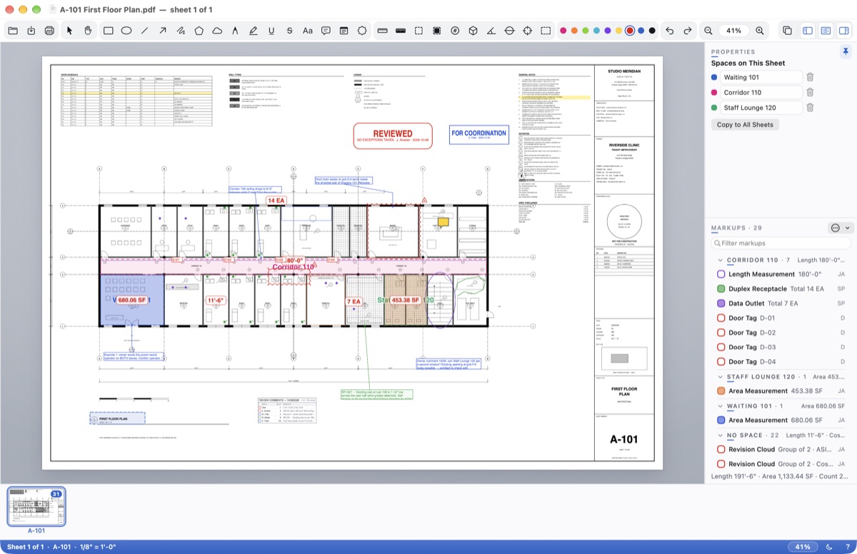 Spaces: rooms on the sheet, and the Markups List grouped by space