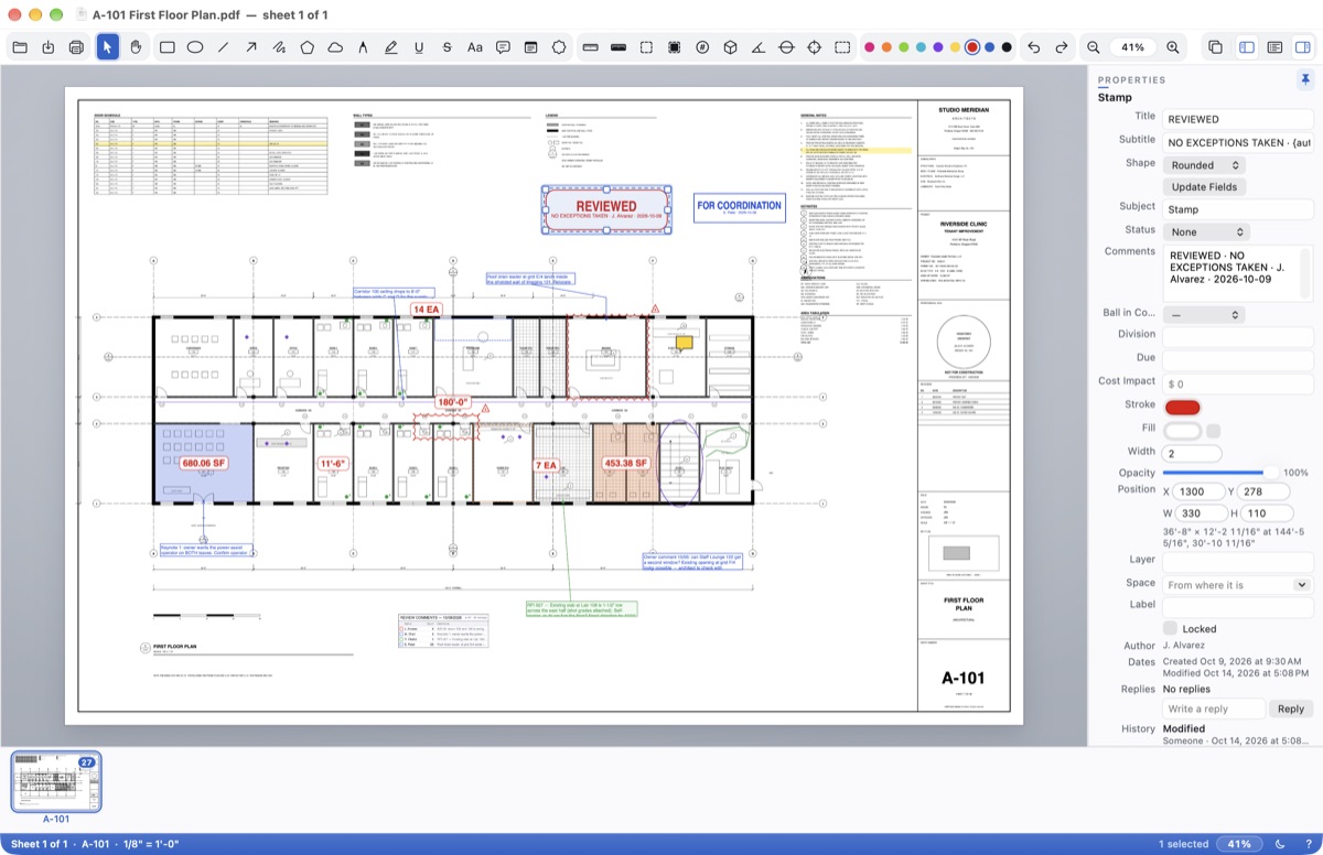 A stamp selected: Title, Subtitle and Shape in Properties