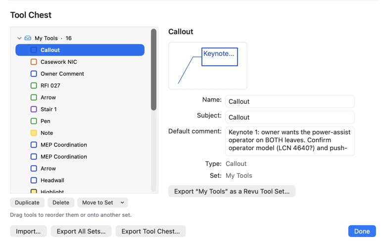The Tool Chest manager, with Export as a Revu Tool Set…