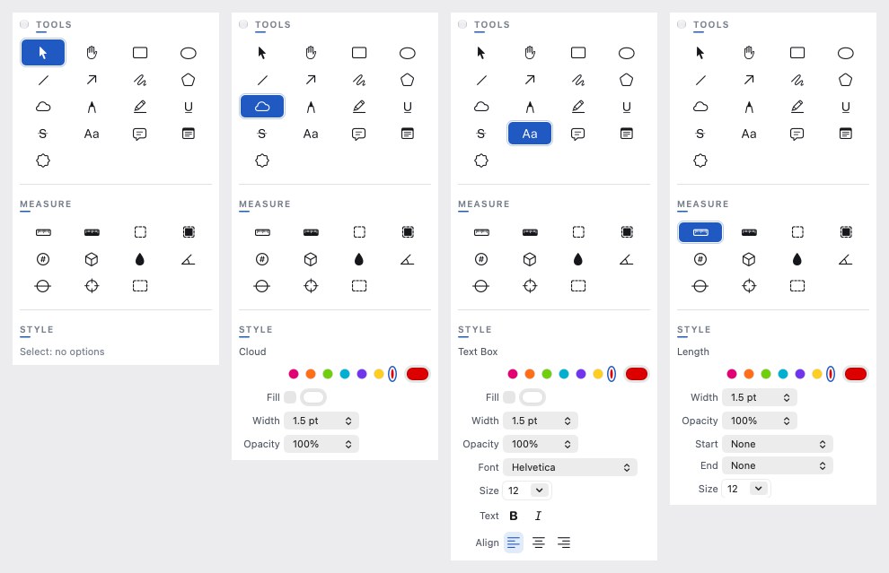 The tool palette, with the style column that follows the tool: Select, Cloud, Text Box and Length