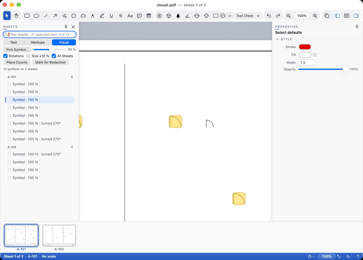 Visual Search: the symbols found listed by sheet, with the match outlined on the sheet