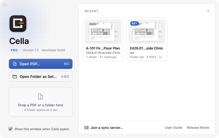 The Welcome window: open a PDF or a folder, or pick up a recent document or set