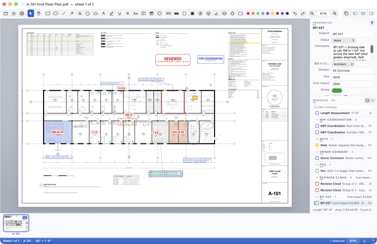 The window: toolbar, the drawing, Properties and the Markups List at the right, the sheets strip and the status band