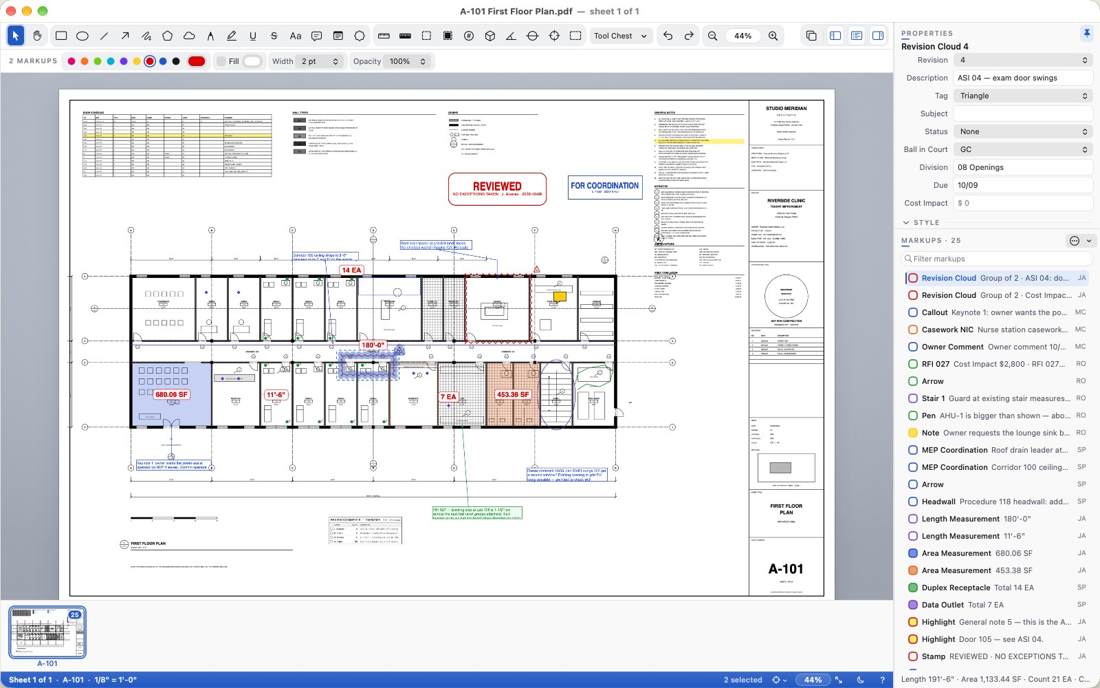 Cella on a Mac showing sheet A-101, a clinic floor plan covered in review markups: red revision clouds, blue callouts, area measurements of 680.06 SF and 453.38 SF, counts and stamps. The Properties panel shows the selected cloud's revision, status and custom columns, and the Markups List lists 25 markups.