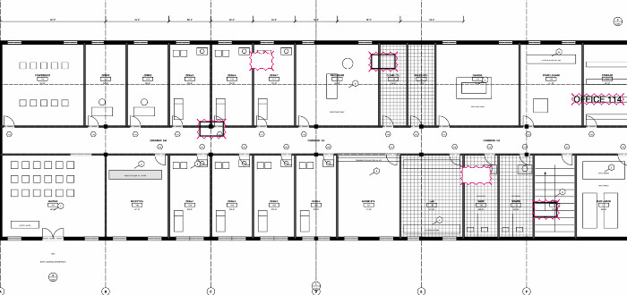 A floor plan in Cella after Compare Documents, with magenta clouds around each change: a new wall and door, a sink, a relocated roof leader and a renamed room.