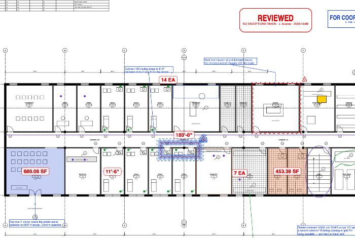 Part of a clinic floor plan in Cella with red revision clouds, a revision triangle, blue callouts, a Reviewed stamp, a 180'-0" length, counts of 14 EA and 7 EA, and areas of 680.06 SF and 453.38 SF.