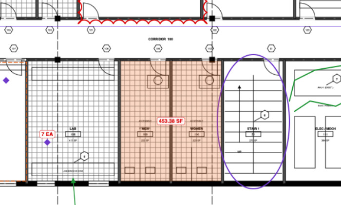 A close-up of a clinic floor plan in Cella: the men's and women's restrooms shaded orange and measured together at 453.38 SF, a count of 7 EA in the lab, and the stair outlined in purple.