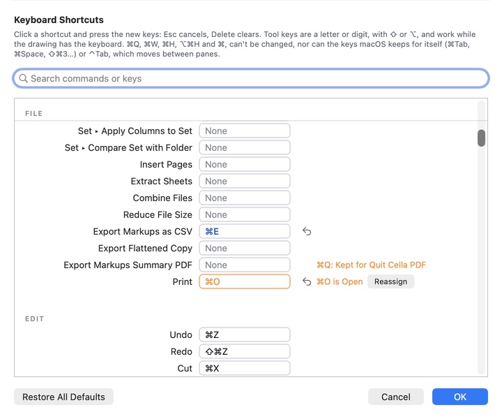 Changing shortcuts: a changed key in blue with its ↺, and a conflict offering Reassign