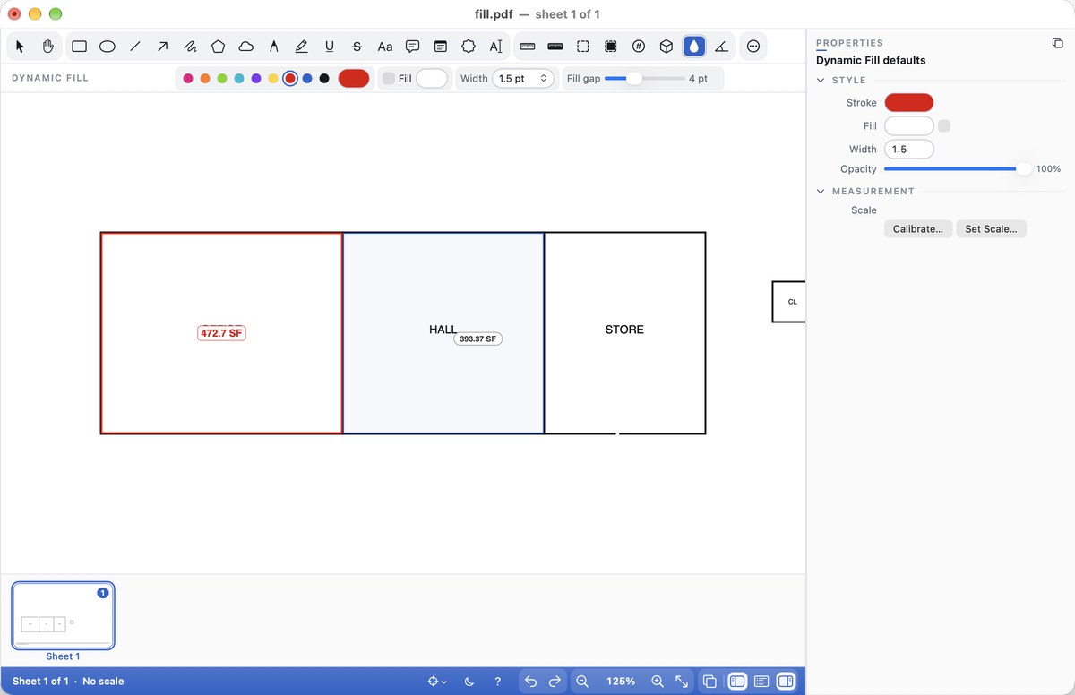 Dynamic Fill: the first room is a measured Area, the second is tinted under the pointer with its area in a pill, and Fill gap is in the options row