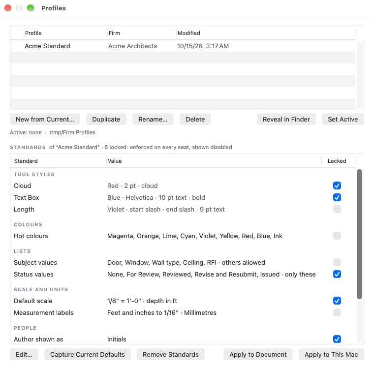 The Profiles window with the Standards table: each item, its value and whether it is locked