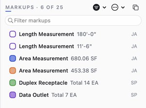 The Markups List with a filter on: the caption reads "6 of 25" and the Filter button is filled