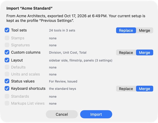 Importing a profile: choose what to take, and Replace or Merge
