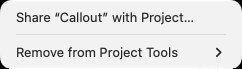 The Project Tools pull-down in Manage Tool Chest: Share with Project… and Remove from Project Tools