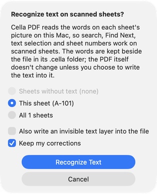 Recognize Text (OCR): this sheet, all sheets or the sheets without text, and the invisible text layer
