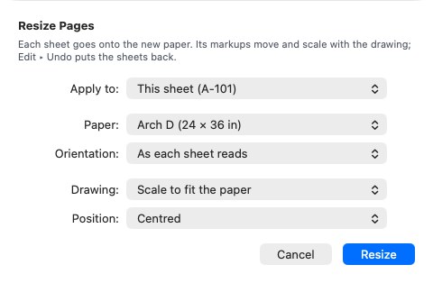 Resize Pages: the paper, orientation, and whether the drawing scales to fit