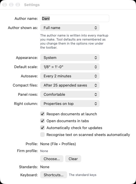Settings, with Compact files, Standards and the Shortcuts… button at the foot