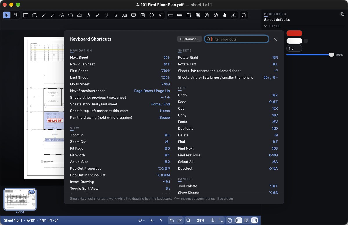 The shortcuts list in dark mode