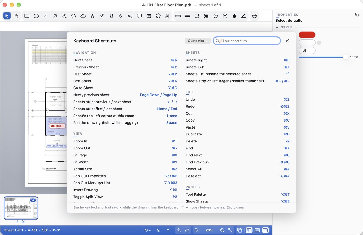 Help ▸ Keyboard Shortcuts over the drawing