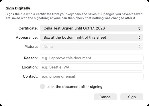 Document ▸ Sign Digitally…: the certificate, where the signature goes, a reason and location, and Lock the document after signing
