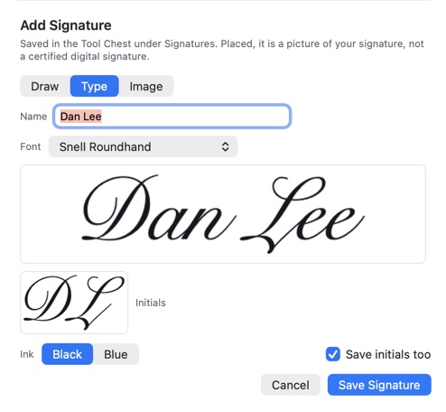 Add Signature: typing a name in a script face