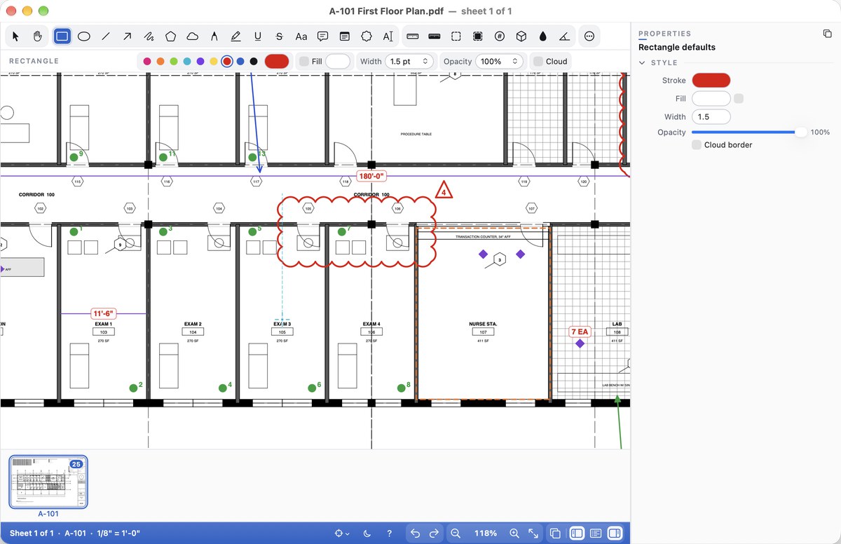 Snapping guides: a dashed cyan line from the left edge of a revision cloud to the point the Rectangle tool caught