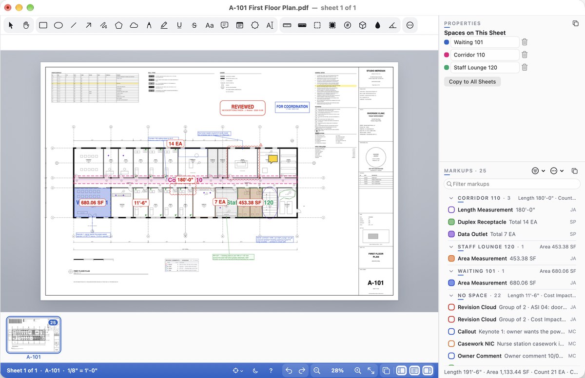 Spaces: rooms on the sheet, and the Markups List grouped by space