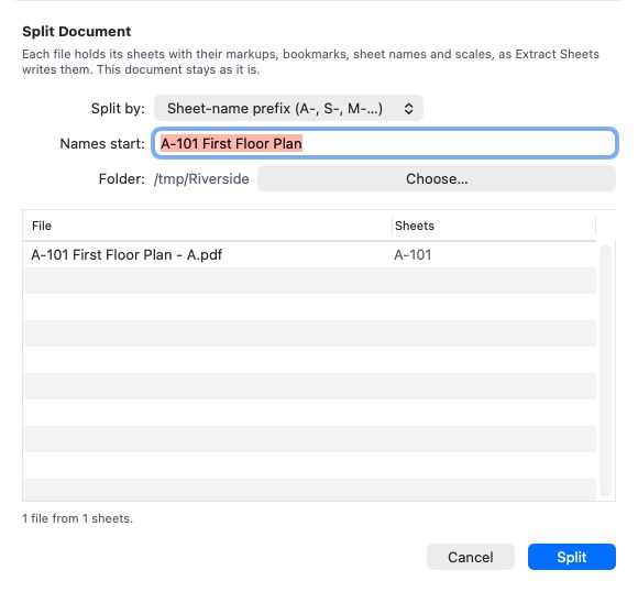 Split Document: the files it will make, listed before anything is written
