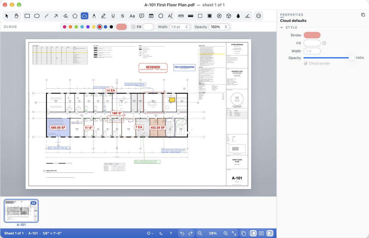 A locked firm standard: the Cloud tool's colour, width and border are greyed in the options row and in Properties, and say "Set by Acme Standard" when you point at them