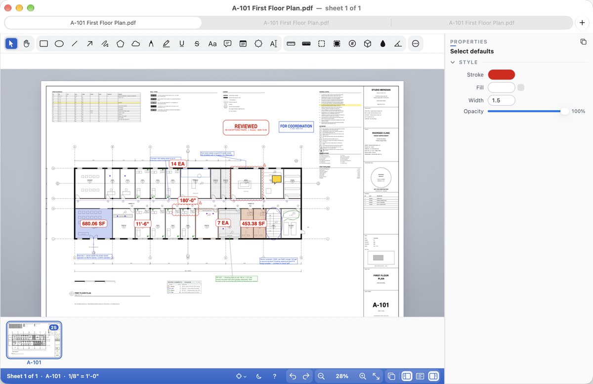 Three documents as tabs of one window