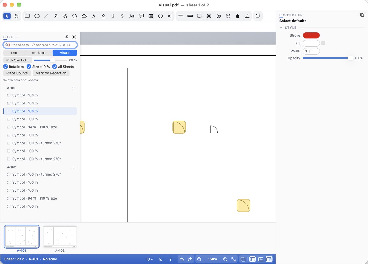 Visual Search: the symbols found listed by sheet, with the match outlined on the sheet