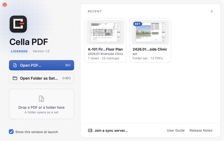 The Welcome window: open a PDF or a folder, or pick up a recent document or set