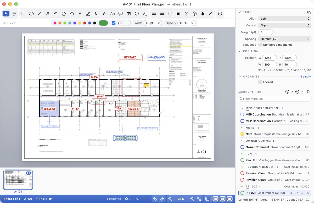 The window: toolbar, the drawing, Properties and the Markups List at the right, the sheets strip and the status band