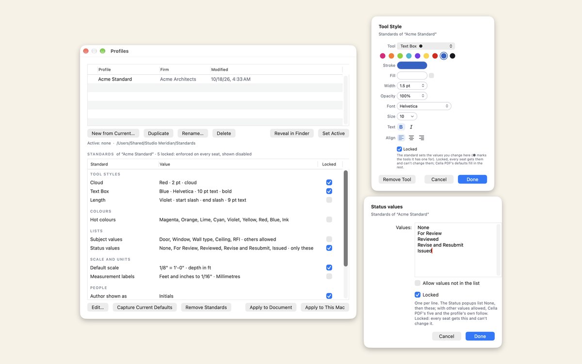 Cella PDF Profiles window showing the Acme Standard profile with locked tool styles, status values and default scale, beside the Tool Style and Status values editors.