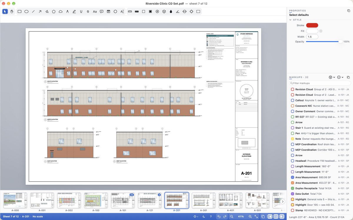 Cella PDF showing sheet A-201 Exterior Elevations of the twelve-sheet Riverside Clinic set, with a filmstrip of sheet thumbnails labelled with their sheet numbers along the bottom.